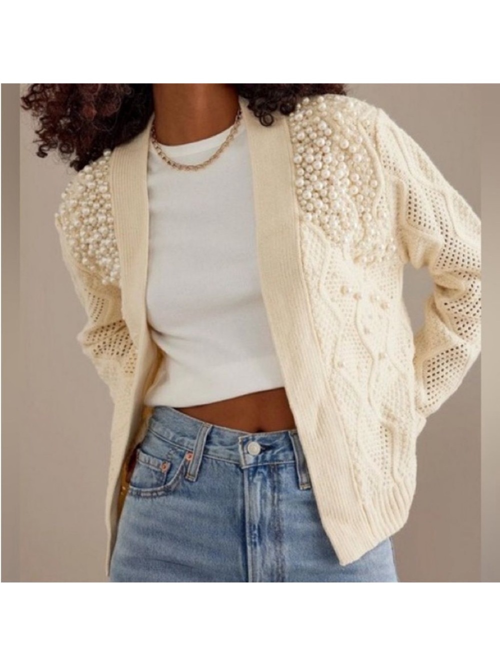 Anthropologie cable knit pearl embellished open cardigan sweater large